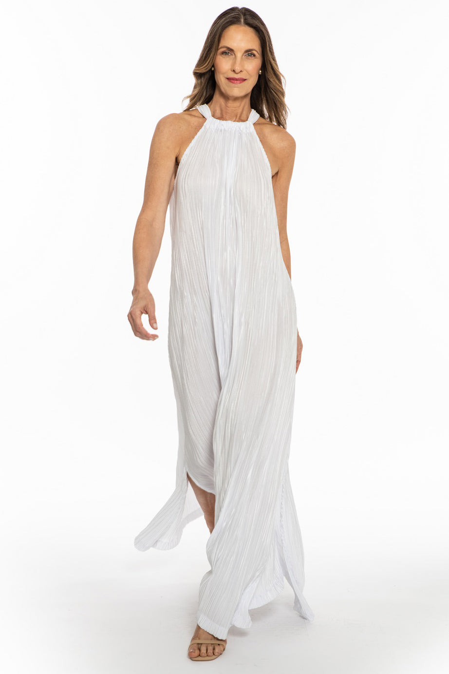 Penelope White Plissé Halter Maxi Dress