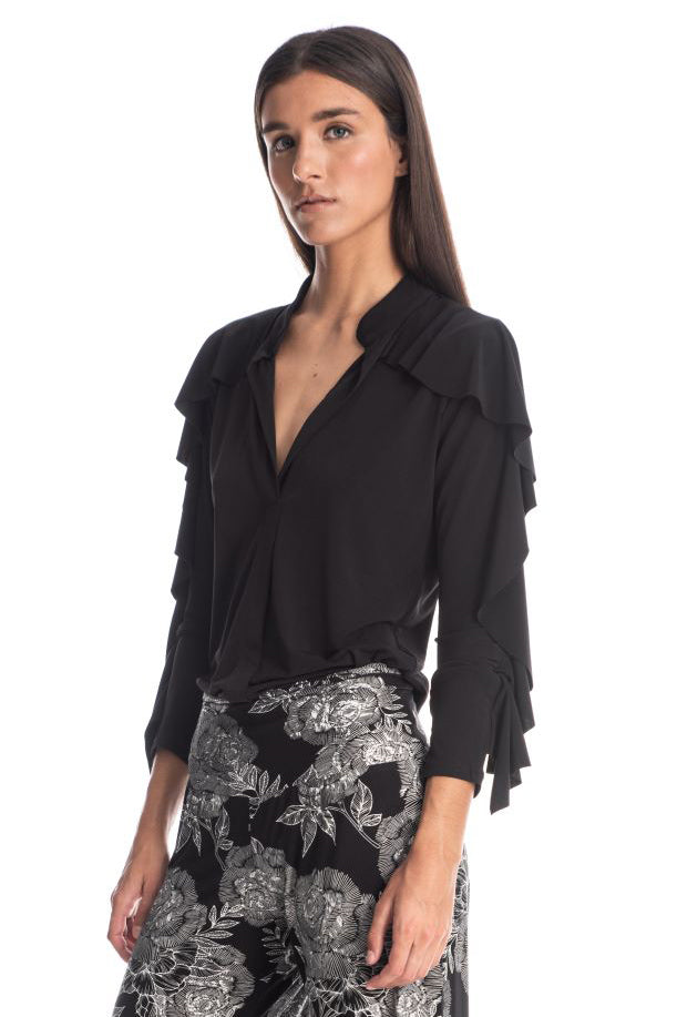 Abi Long-Sleeve Ruffle V-Neck Top