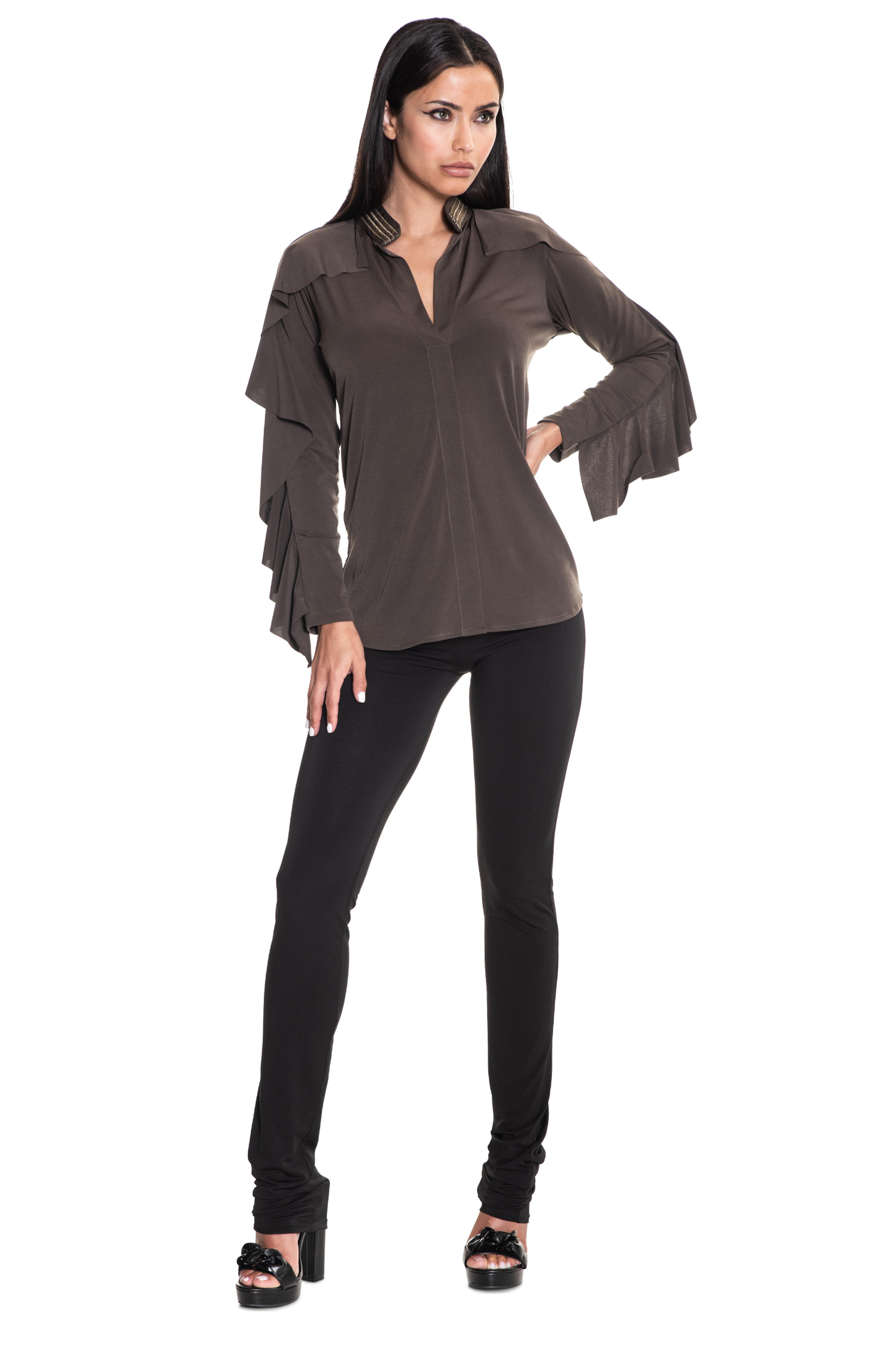 Abi Long-Sleeve Ruffle V-Neck Top