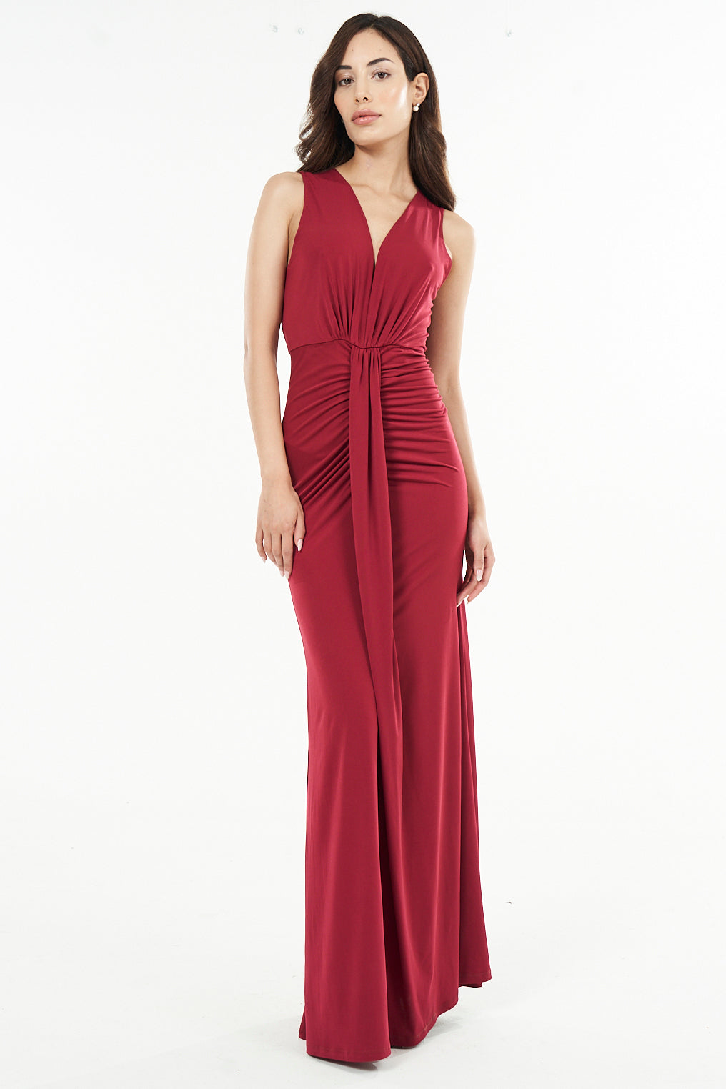 Echo Draped V Neck Gown - Wine