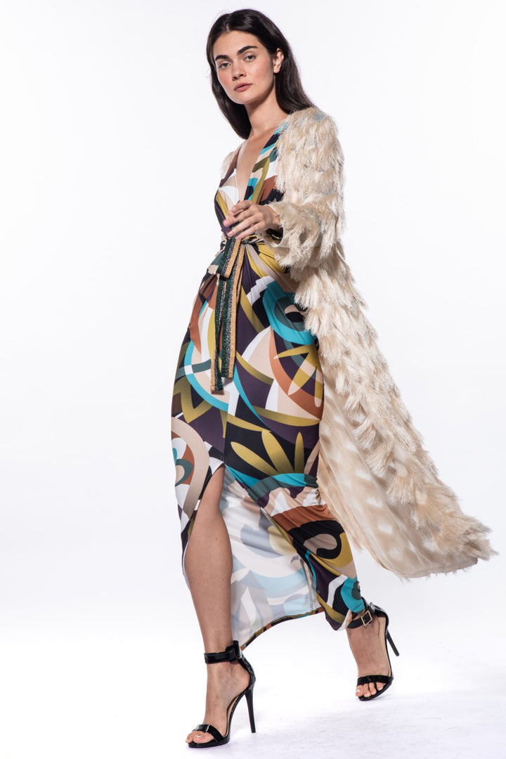 Krystal V-Neck Waist Tie Printed Maxi Dress