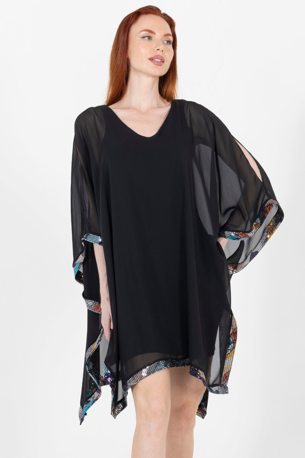 Julie Printed Luxe Trim V Neck Evening Dress