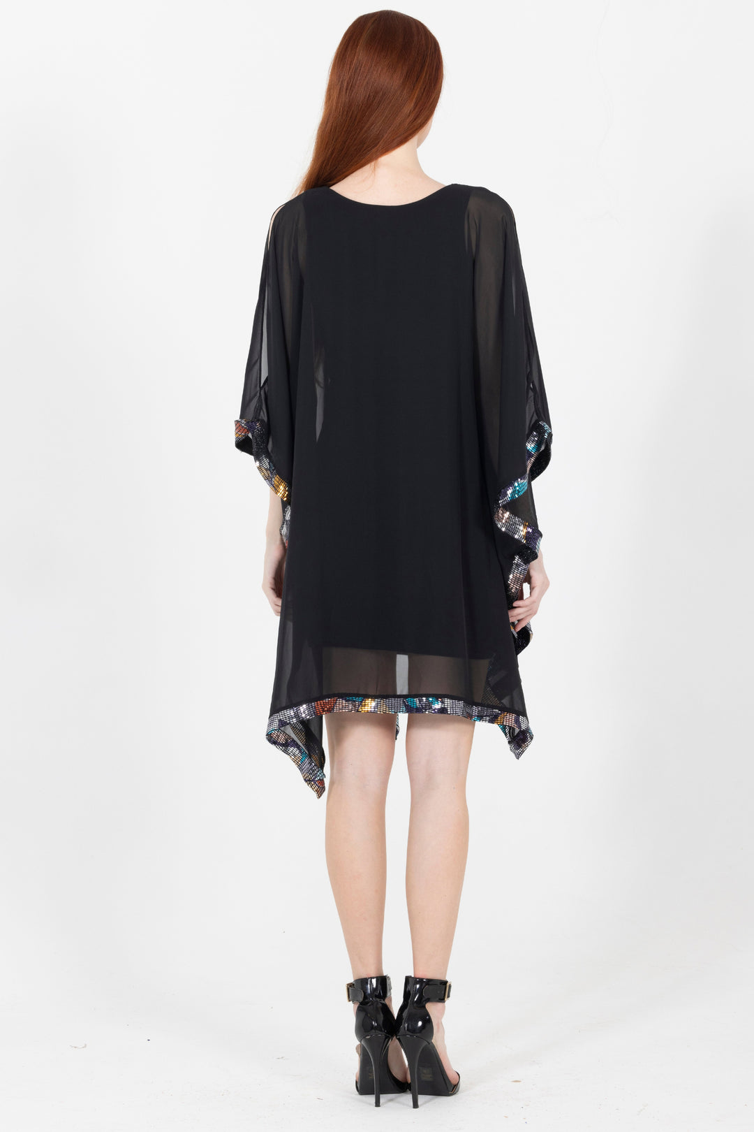 Julie Printed Luxe Trim V Neck Evening Dress