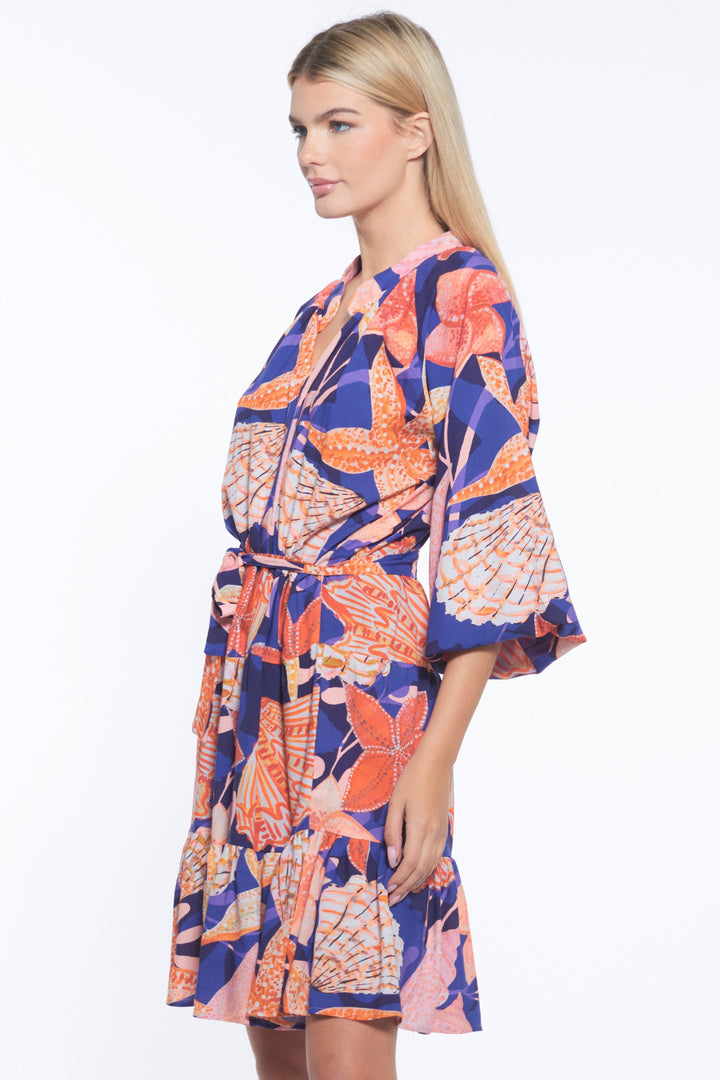 Flor Tie Waist V Neck Shirt Dress