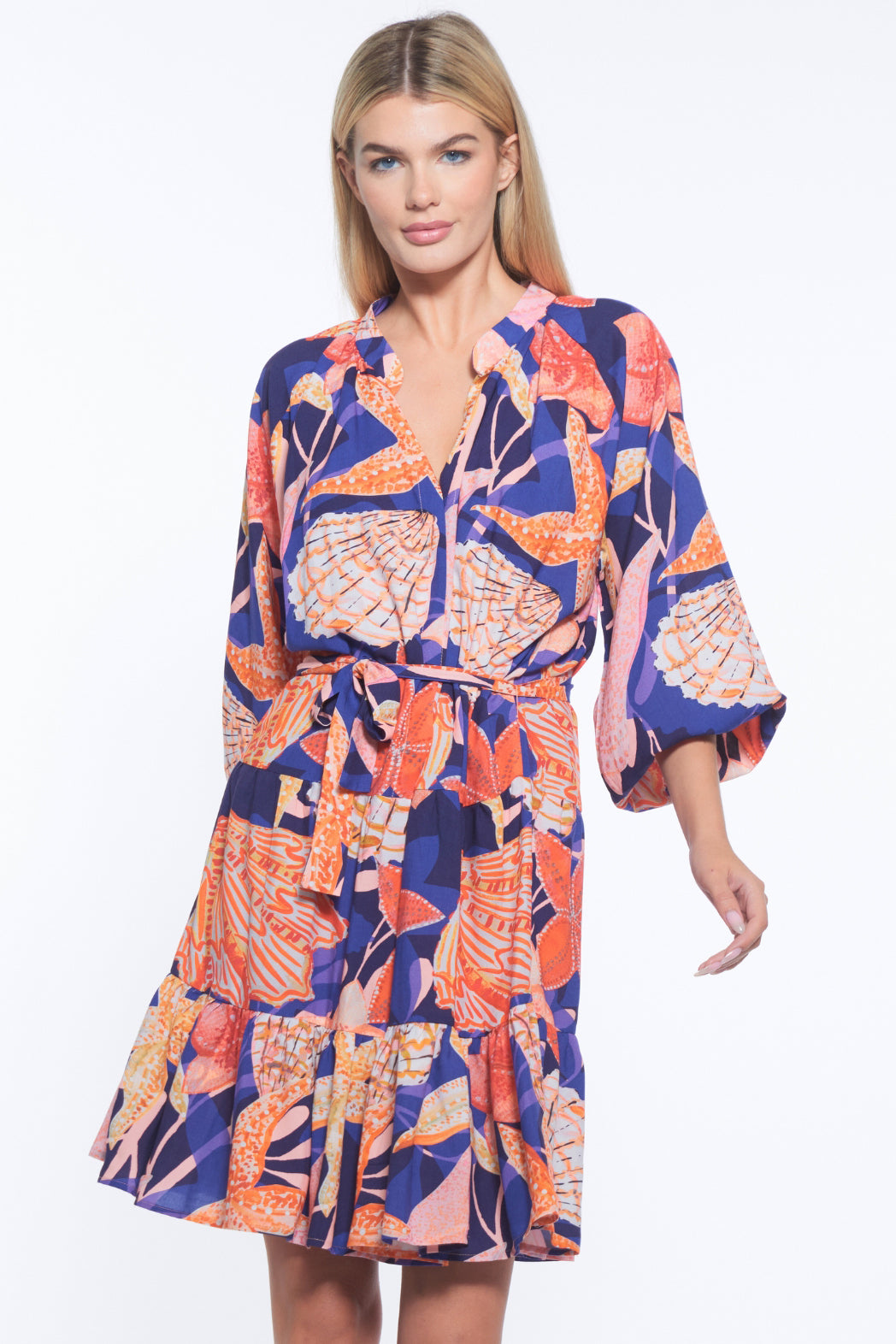 Flor Tie Waist V Neck Shirt Dress