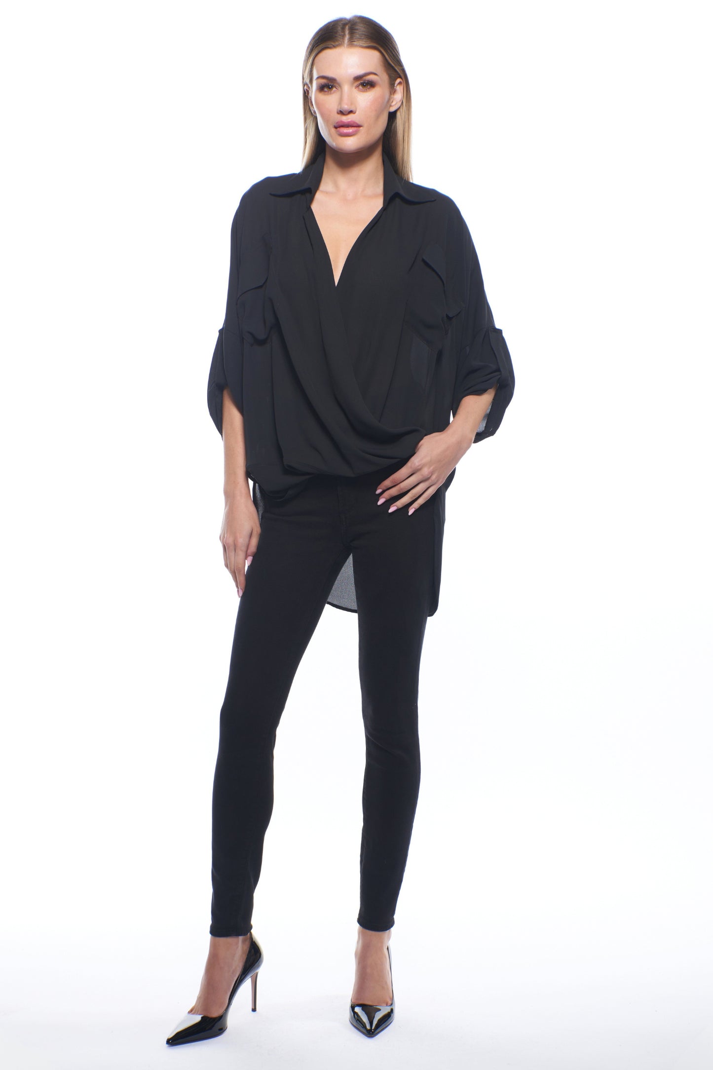 Tati Draped Collared V Neck Top