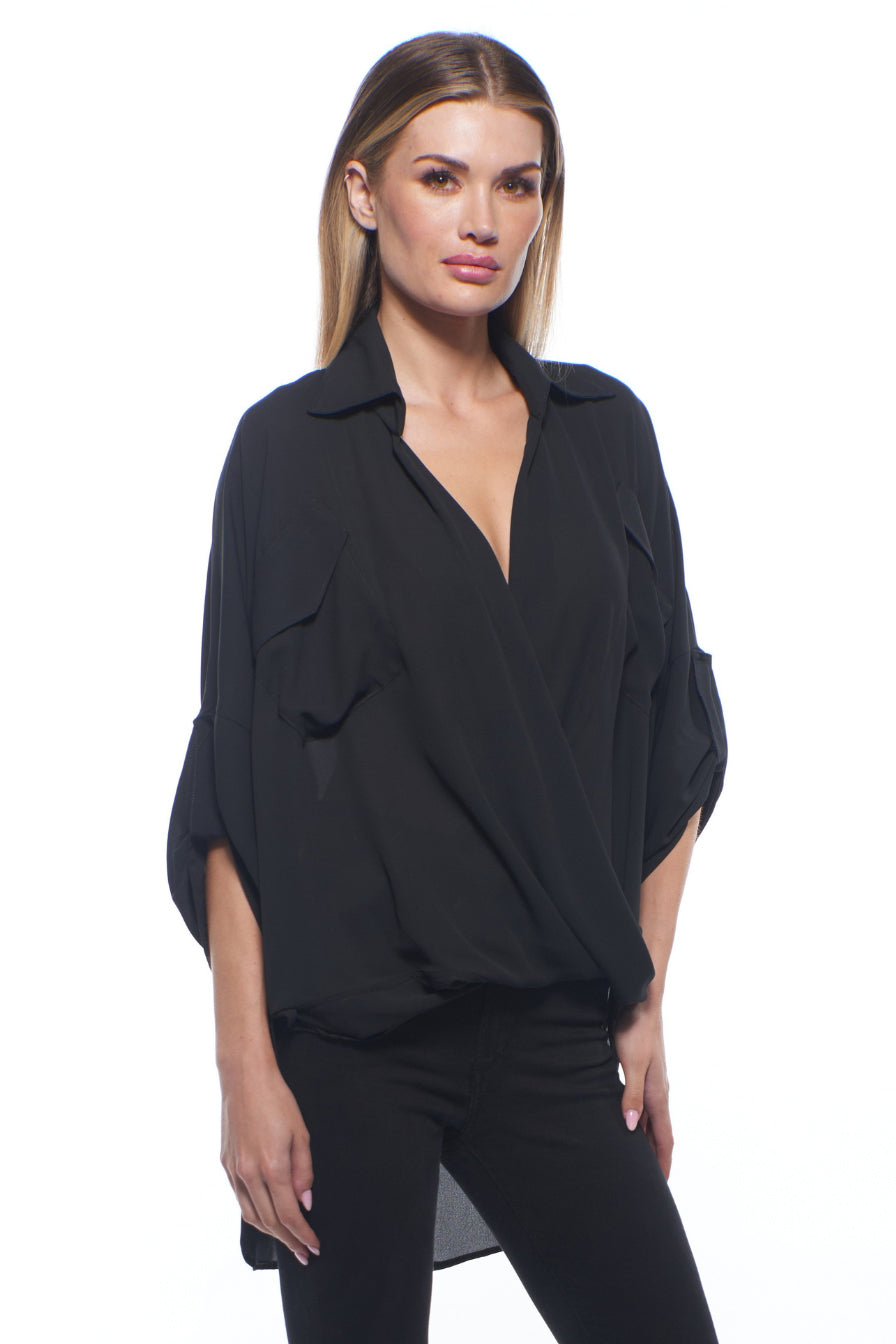 Tati Draped Collared V Neck Top