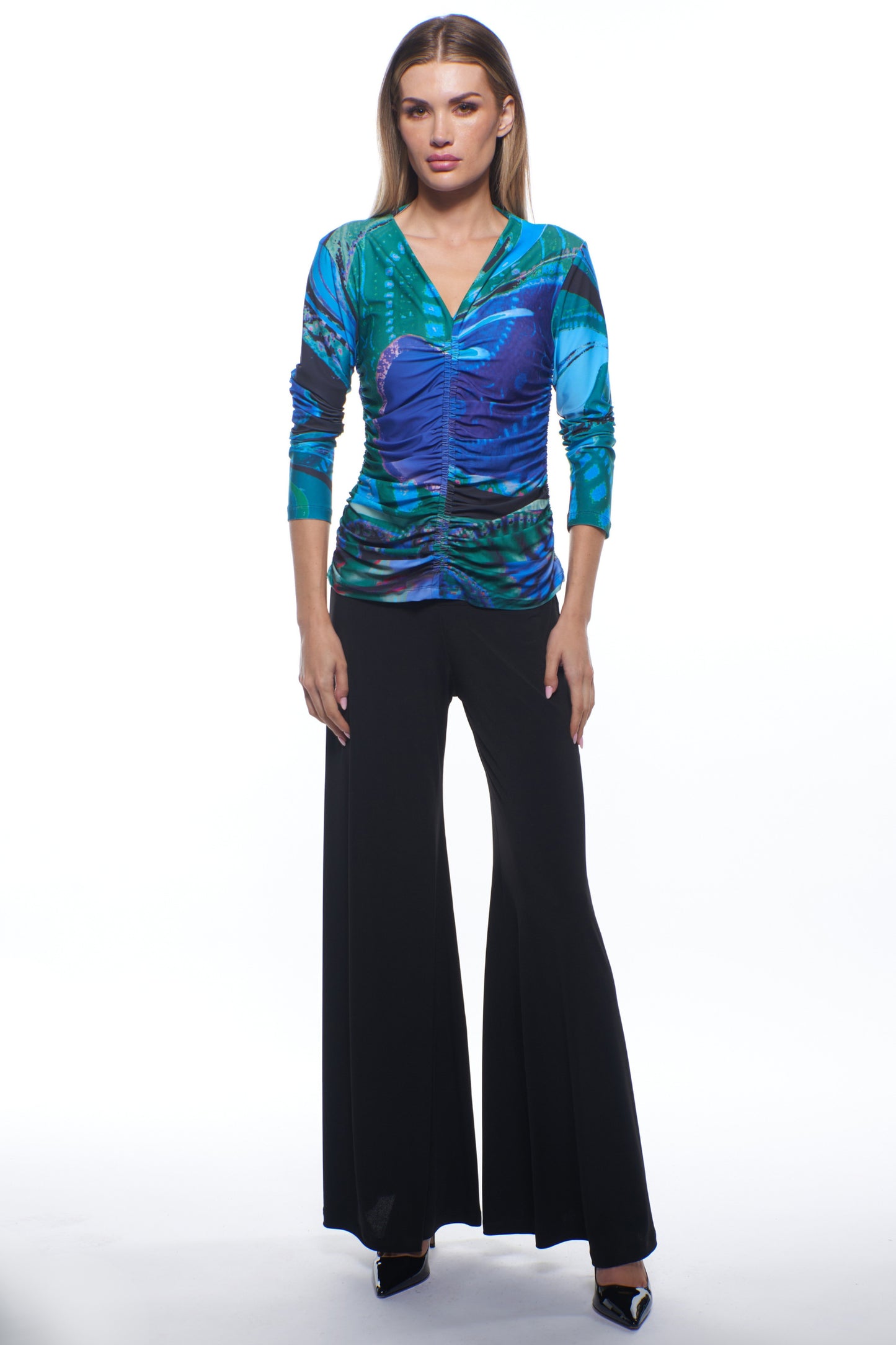 Plato Ruched V-Neck Long Sleeve Top