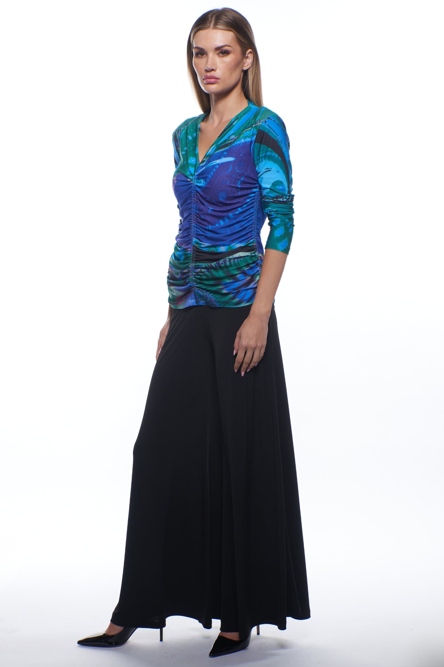 Plato Ruched V-Neck Long Sleeve Top