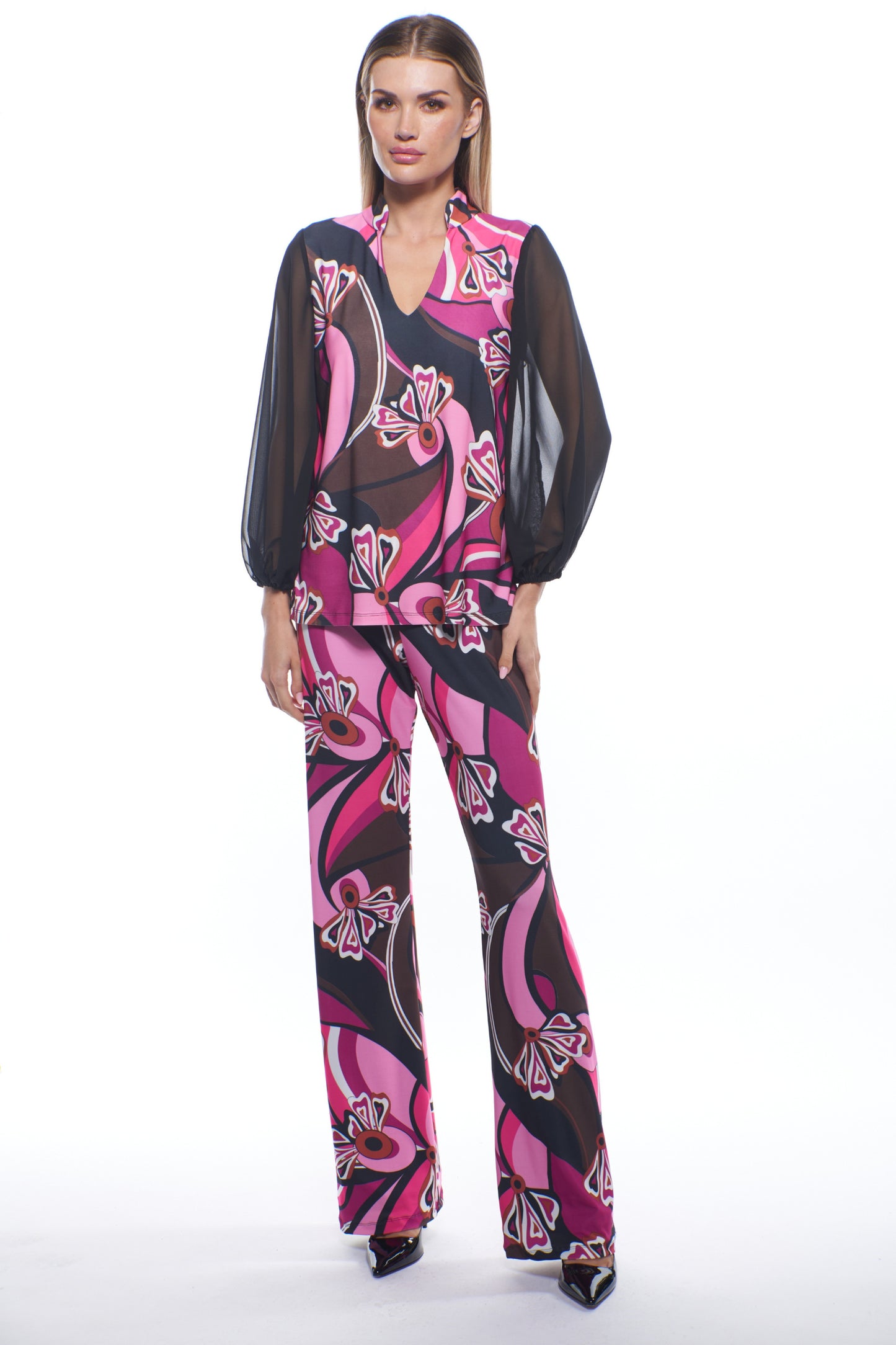 Linda Sheer Blouson V-Neck Top