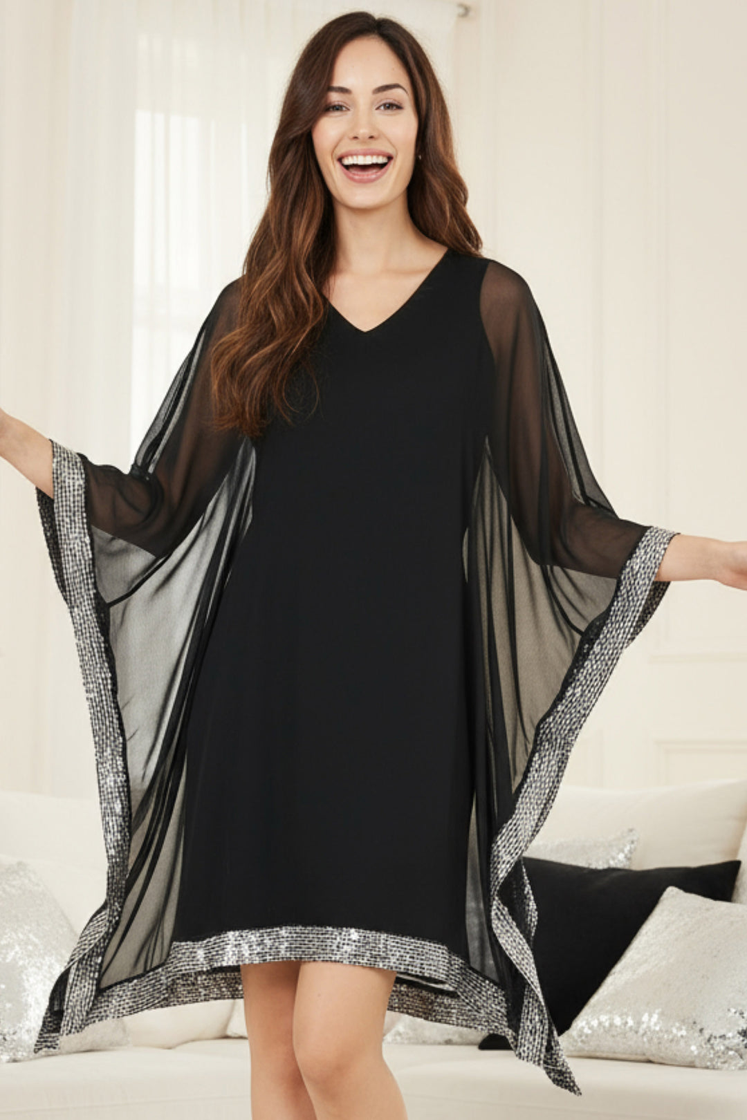 Penny Chiffon Border V Neck Mini Dress | Juliann Chang