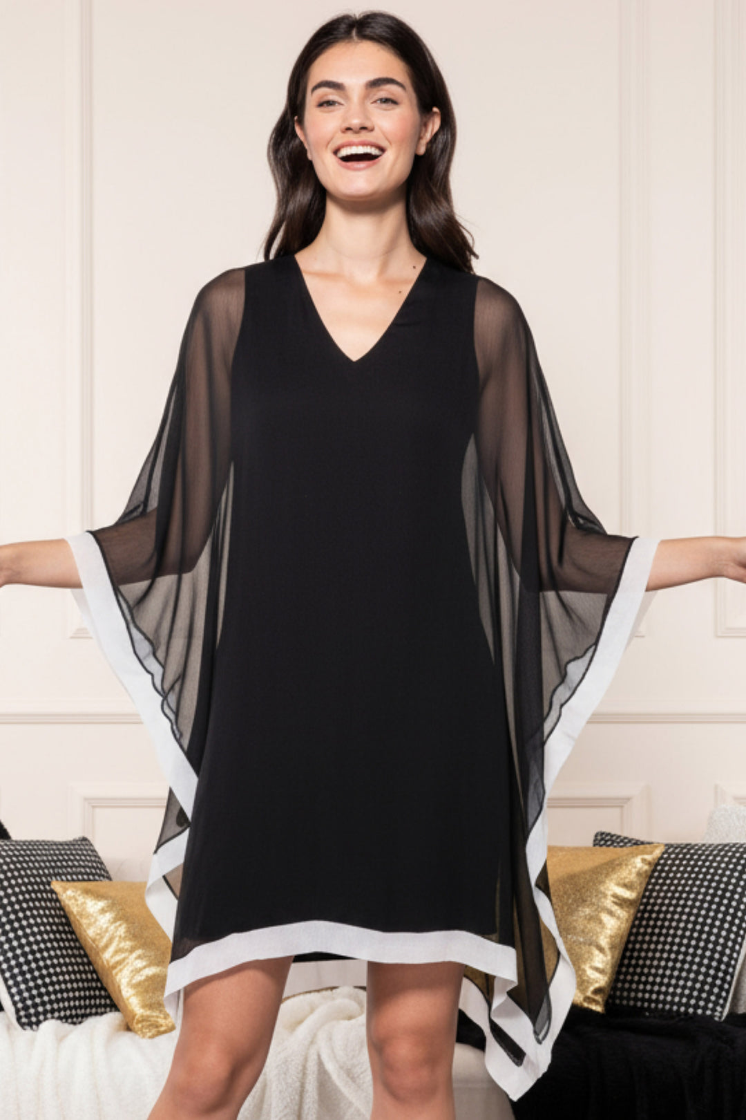 Penny Chiffon Border V Neck Mini Dress | Juliann Chang