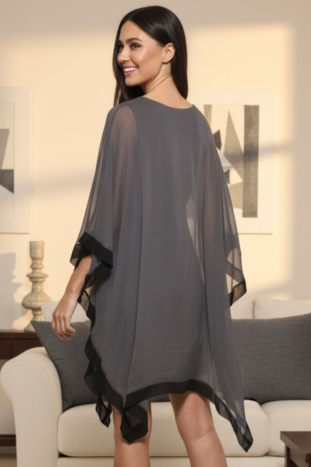 Penny Chiffon Border V Neck Mini Dress | Juliann Chang