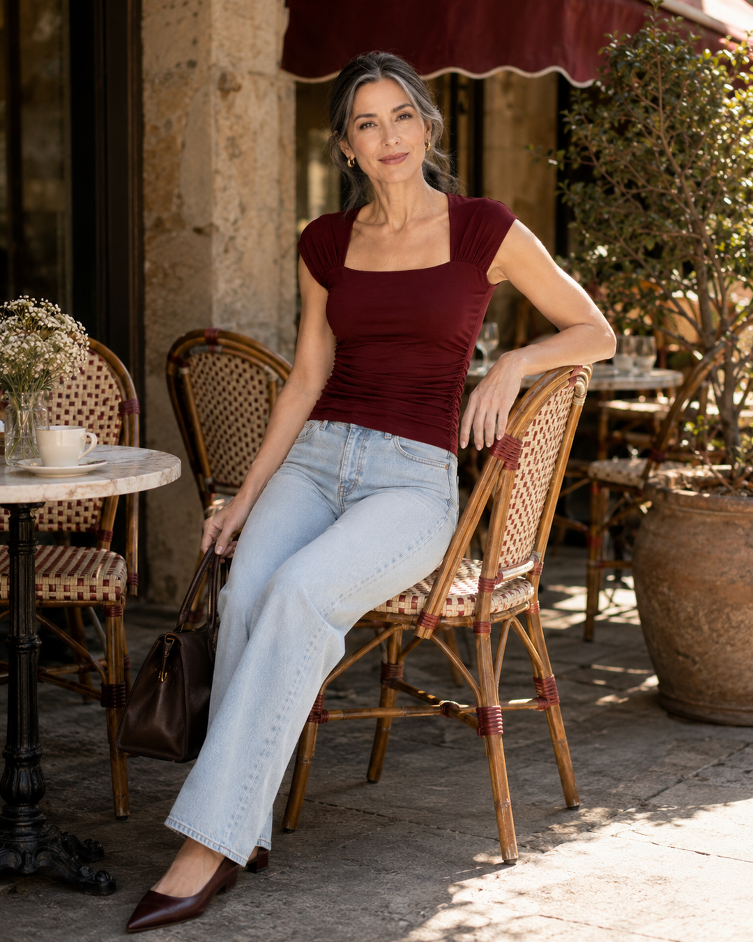 Maria Ruched Square-Neck Top