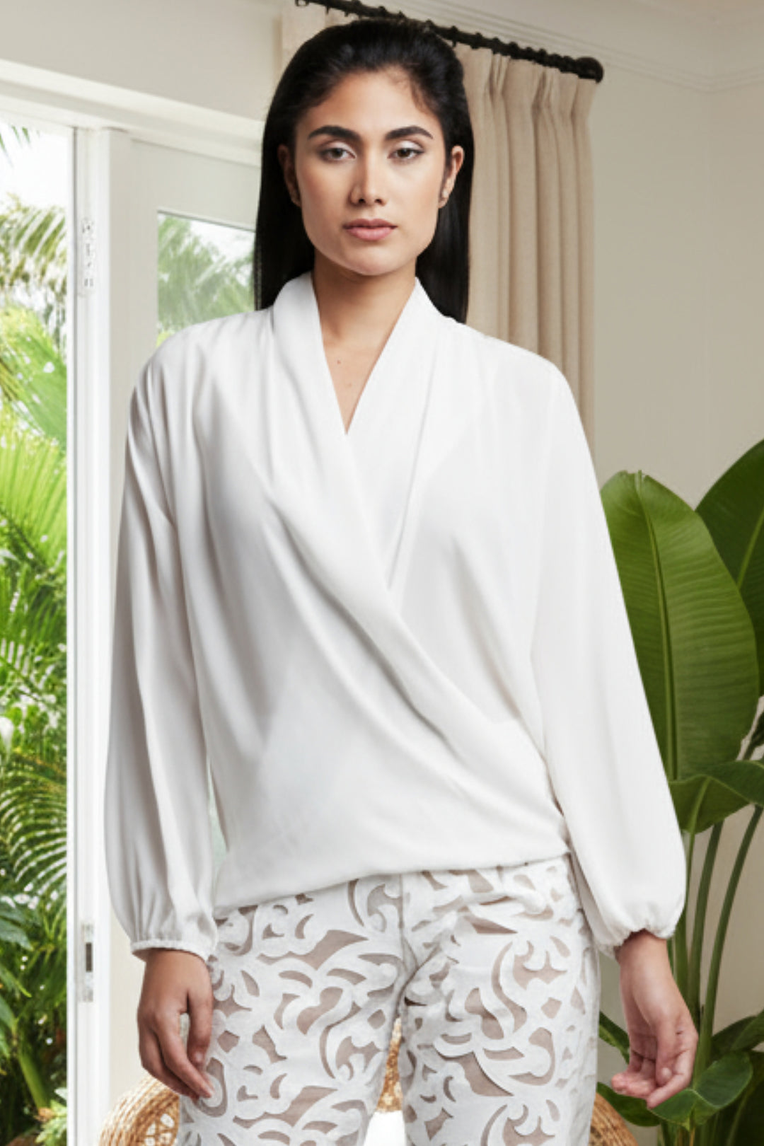 Ambrosia Georgette Crossover V-Neck Top - White Julian Chang