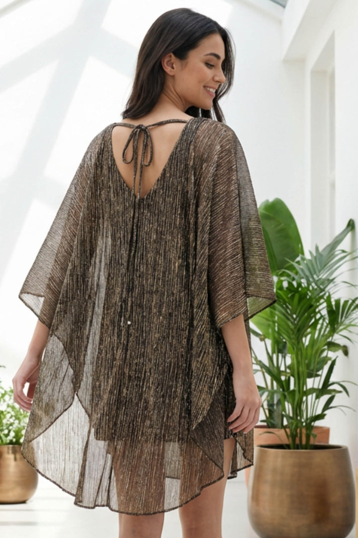 Avatar Draped Chiffon Luxury Mini Dress showcasing tie-back detail and flowy back.