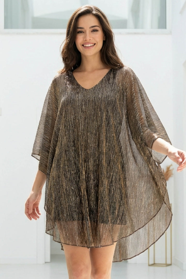 Close-up of metallic pleated chiffon texture on the Avatar Mini Dress.