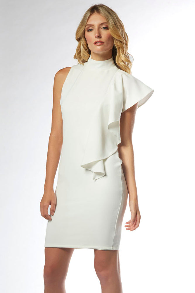 Angel Ruffle Shoulder Ivory Cocktail Dress