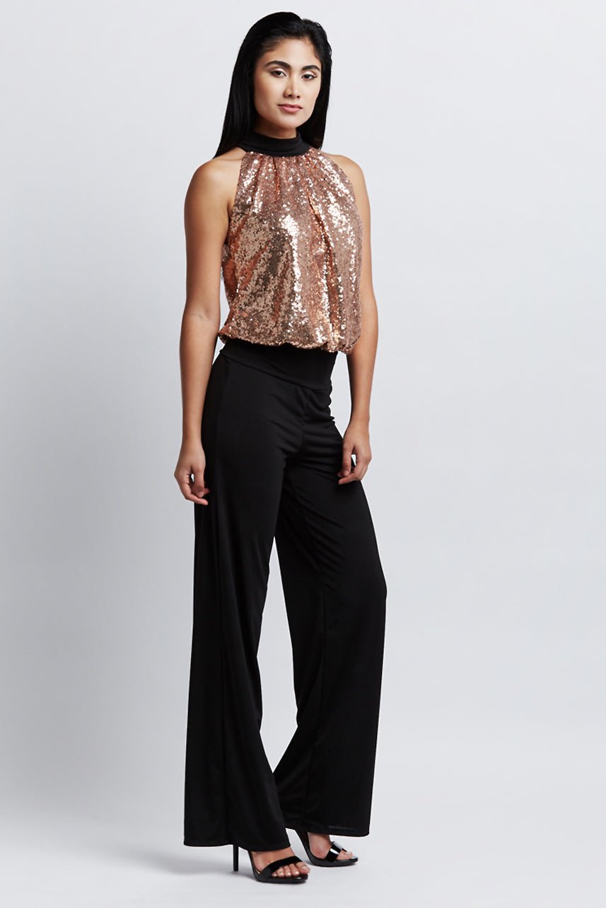 Kiss Sequin Halter Wide-Leg Jumpsuit