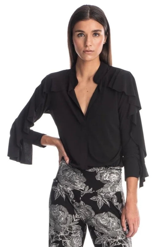 Abi Long-Sleeve Ruffle V-Neck Top