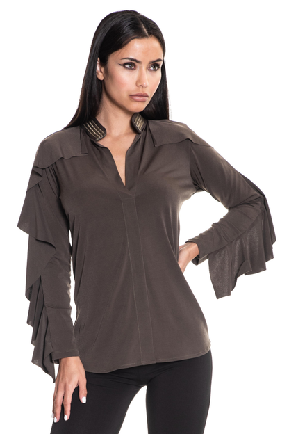 Abi Long-Sleeve Ruffle V-Neck Top