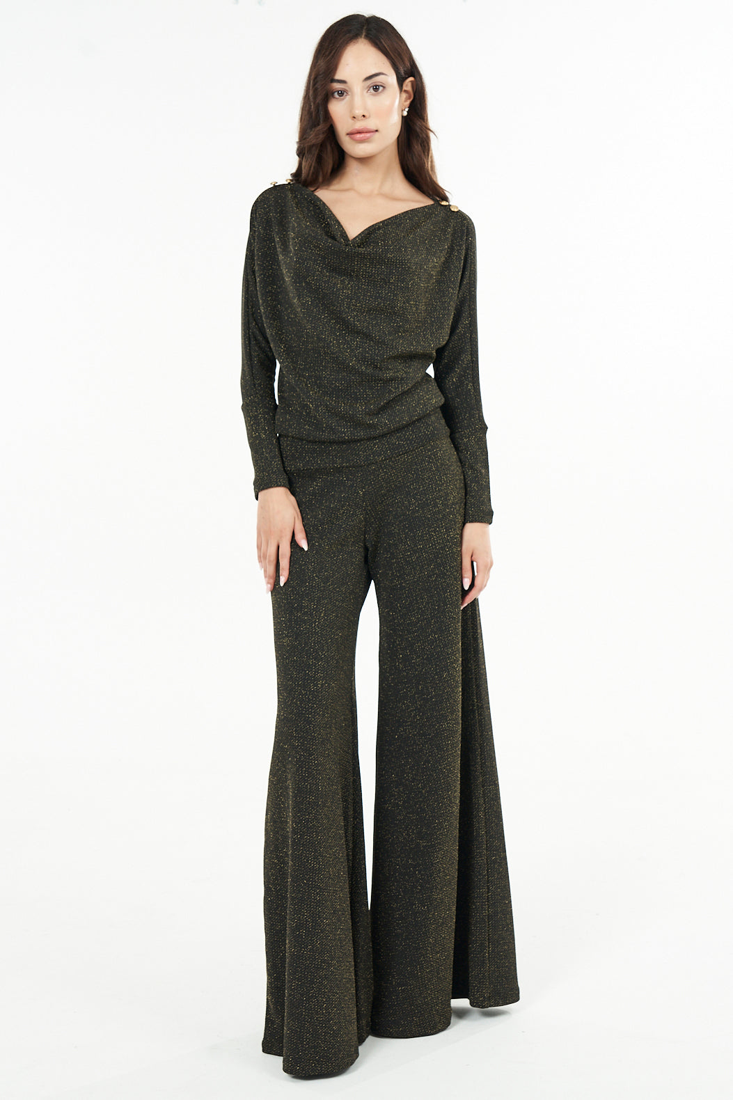 Star Gold Metallic Draped Bell Leg Jumpsuit | Julian Chang