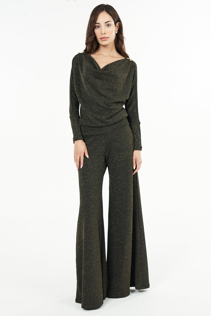 Star Gold Metallic Draped Bell Leg Jumpsuit | Julian Chang