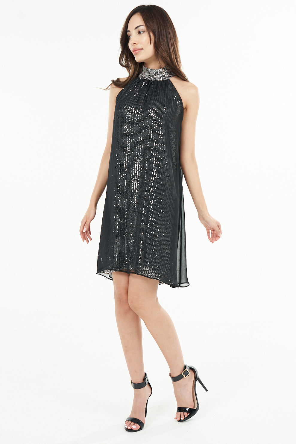 Mendez Sleeveless Sequin Embellished Mock Neck Dress