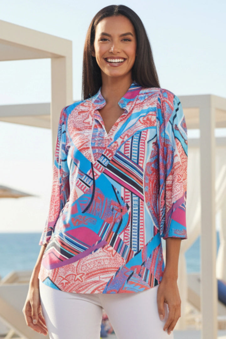 Front View Morris Pop Print Mandarin Collar Top | Julian Chang