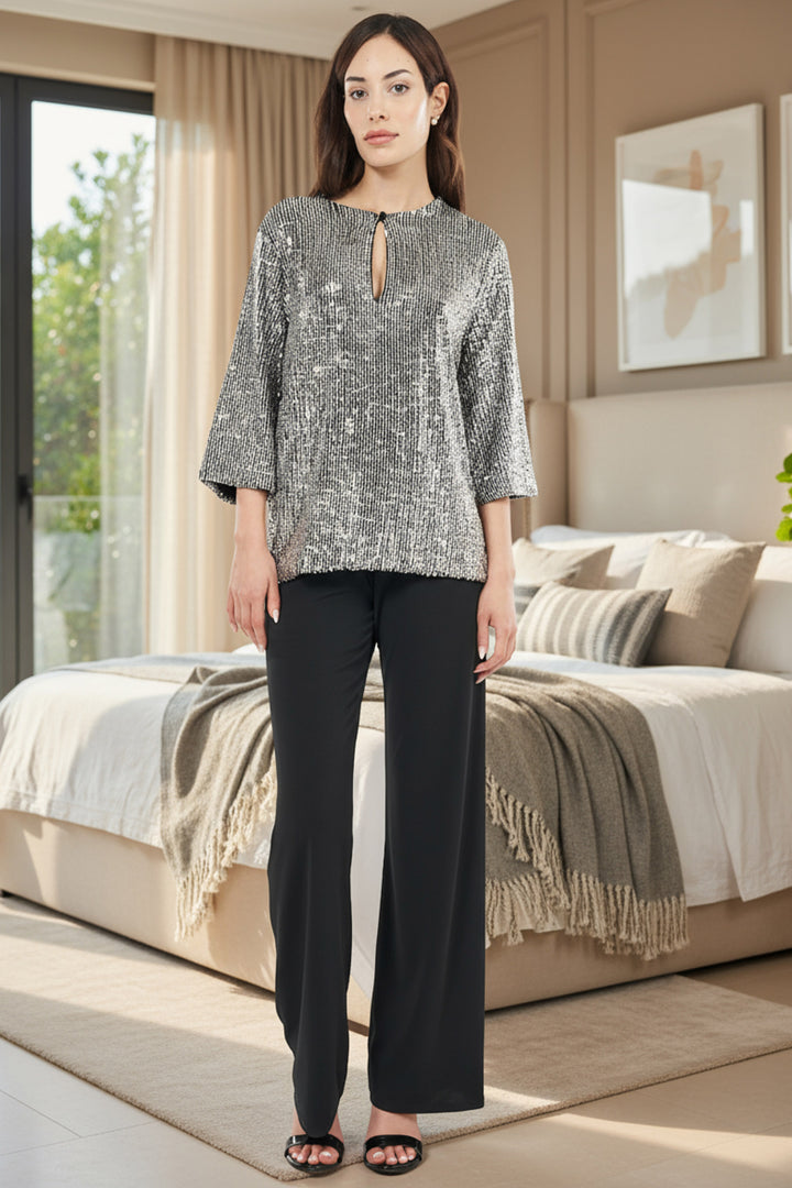 Liz Silver Sequin Keyhole Top