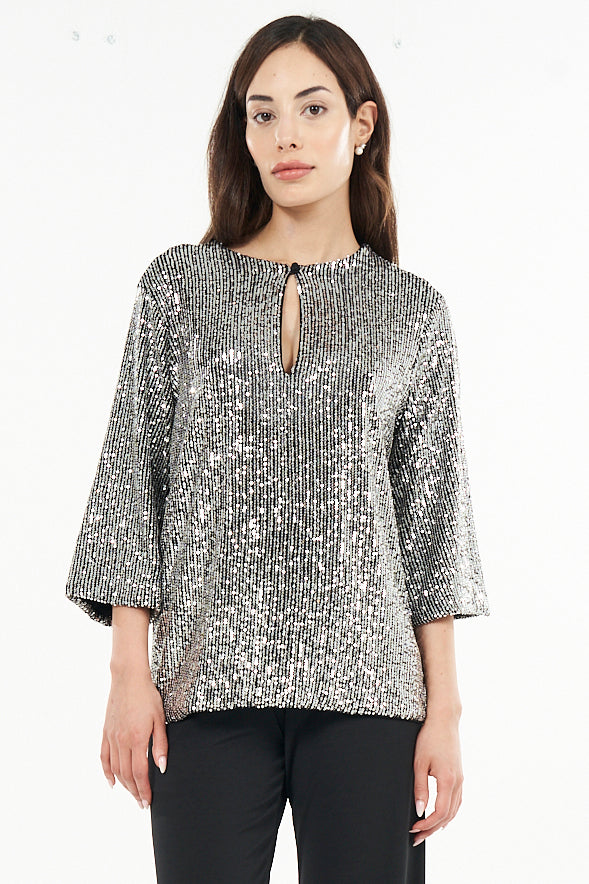 Liz Silver Sequin Keyhole Top