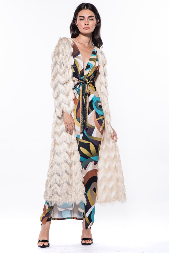 Krystal V-Neck Waist Tie Printed Maxi Dress