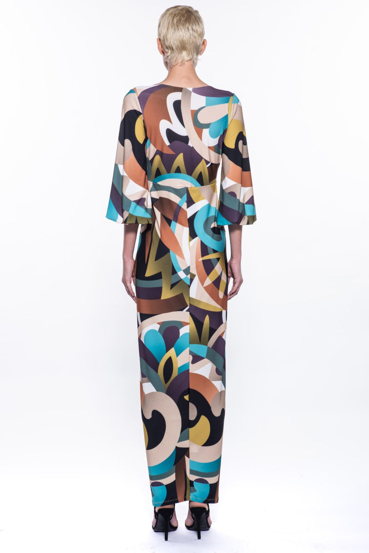 Krystal V-Neck Waist Tie Printed Maxi Dress