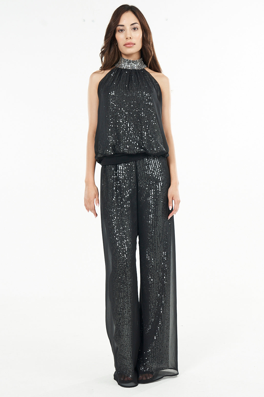 Sheer Layered Wide Leg Sequin Pant
