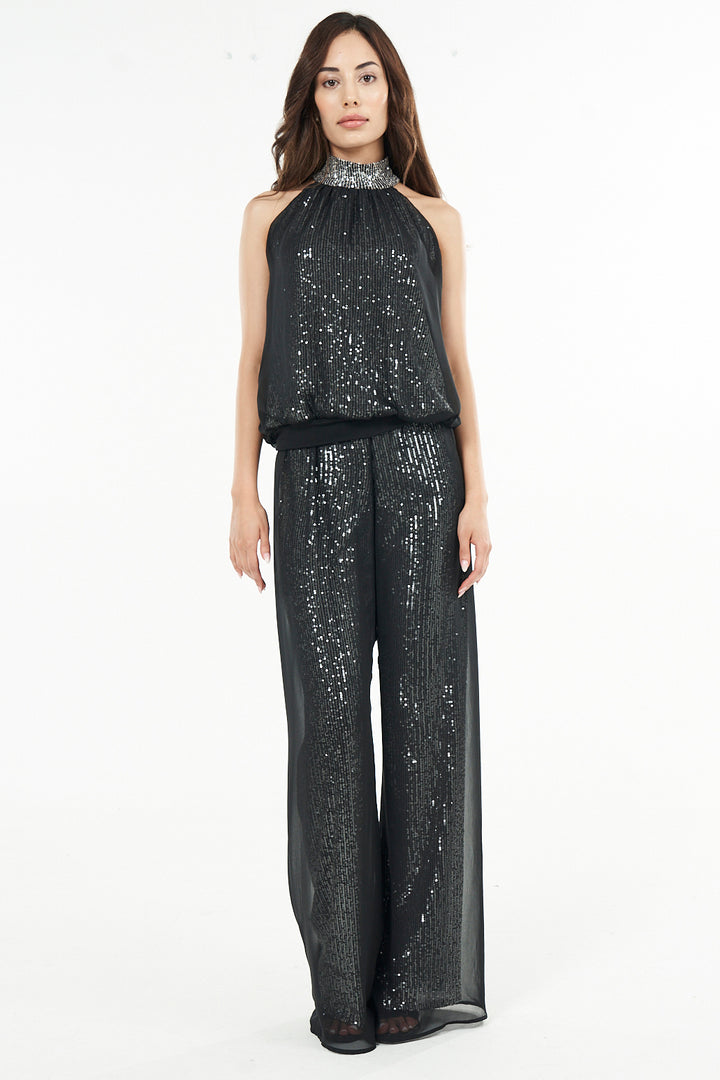Sheer Layered Wide Leg Sequin Pant