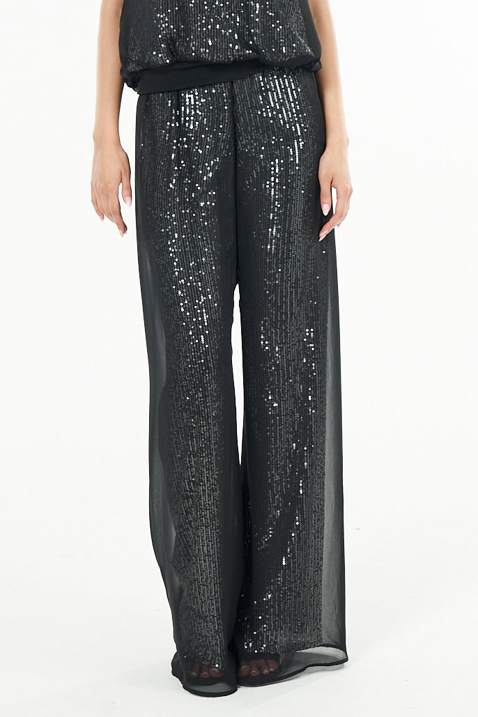 Sheer Layered Wide Leg Sequin Pant
