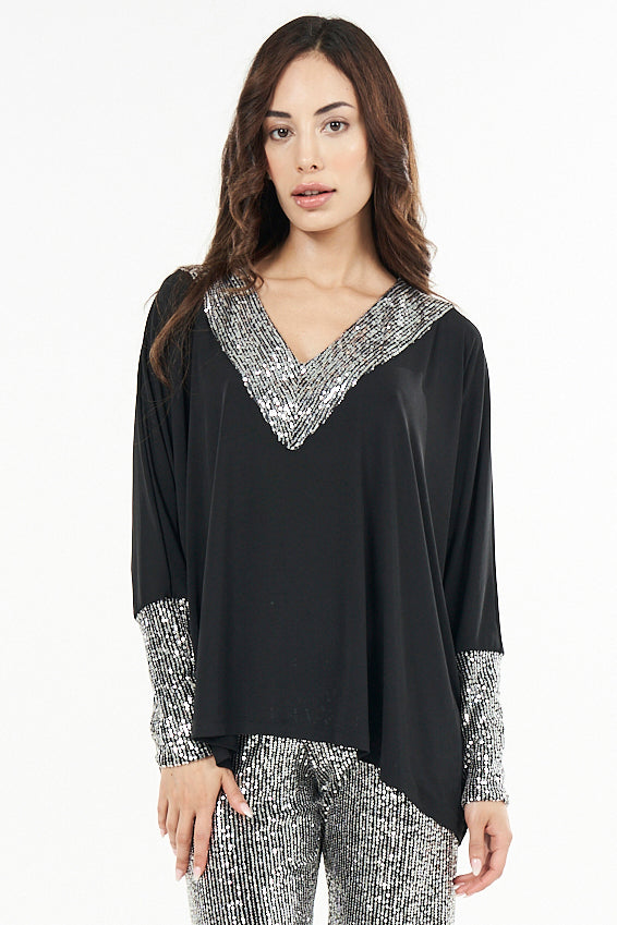 Lariza Black Silver Sequin V Neck Top | Julian Chang
