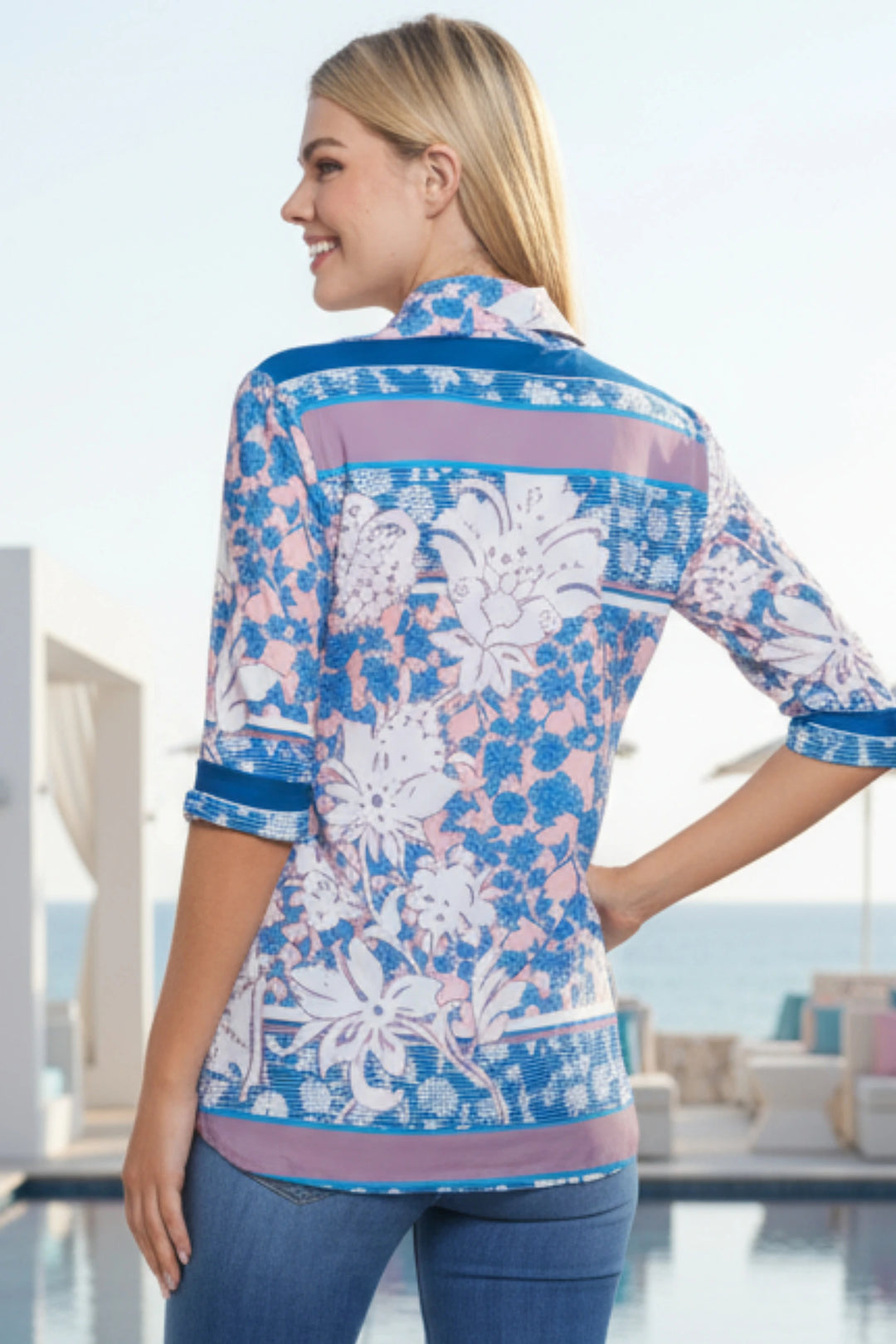 Back View Tomas Liberty Print Collared V Neck Top | Julian Chang