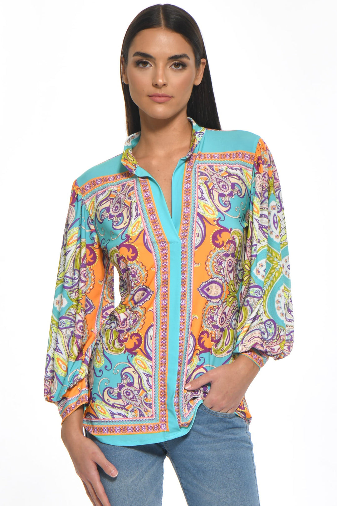 Perla Greece Print Mandarin Collar Blouse | Julian Chang - Top 3