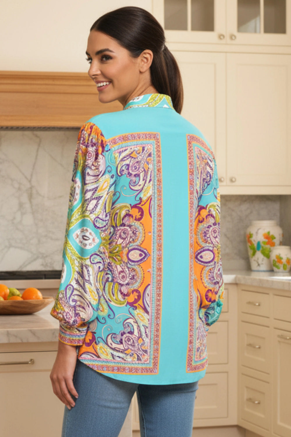 Perla Greece Print Mandarin Collar Blouse | Julian Chang - Back