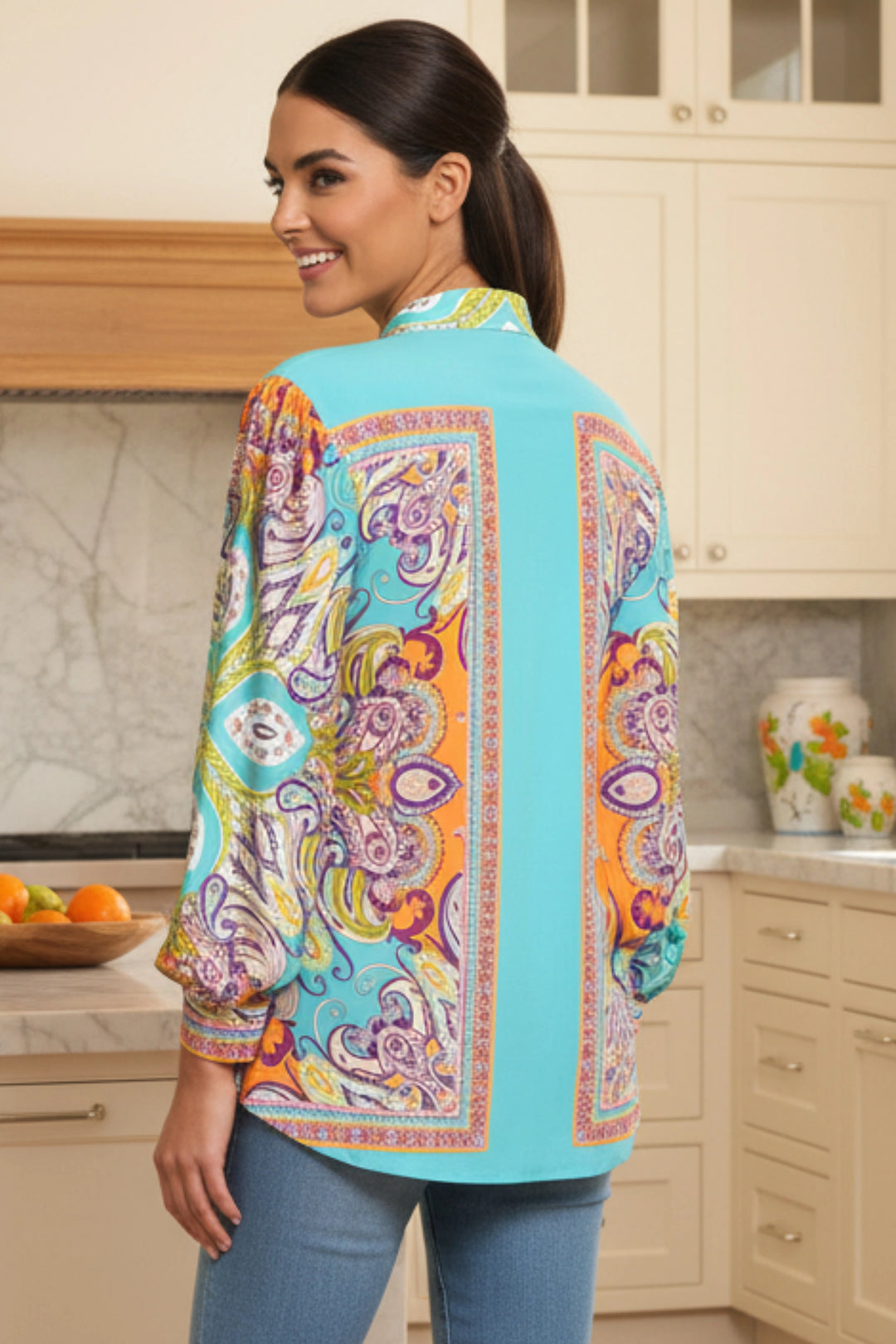 Perla Greece Print Mandarin Collar Blouse | Julian Chang - Back