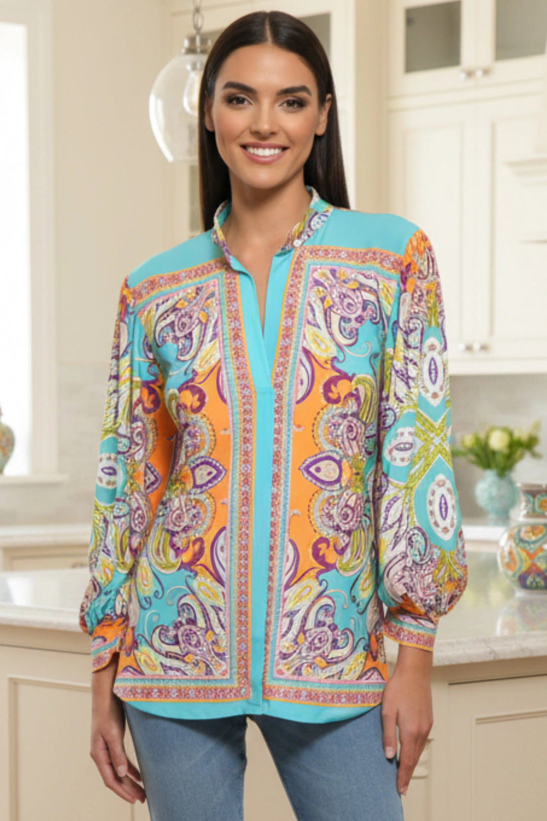 Perla Greece Print Mandarin Collar Blouse | Julian Chang - Top 2