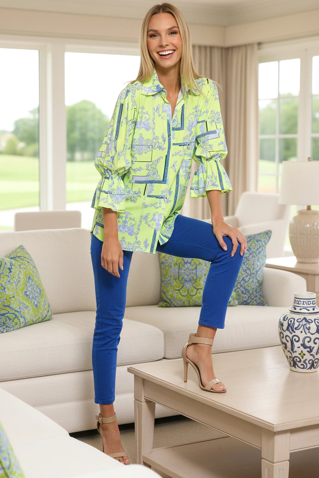 Oro Ruffled Sleeve Signature Print Top