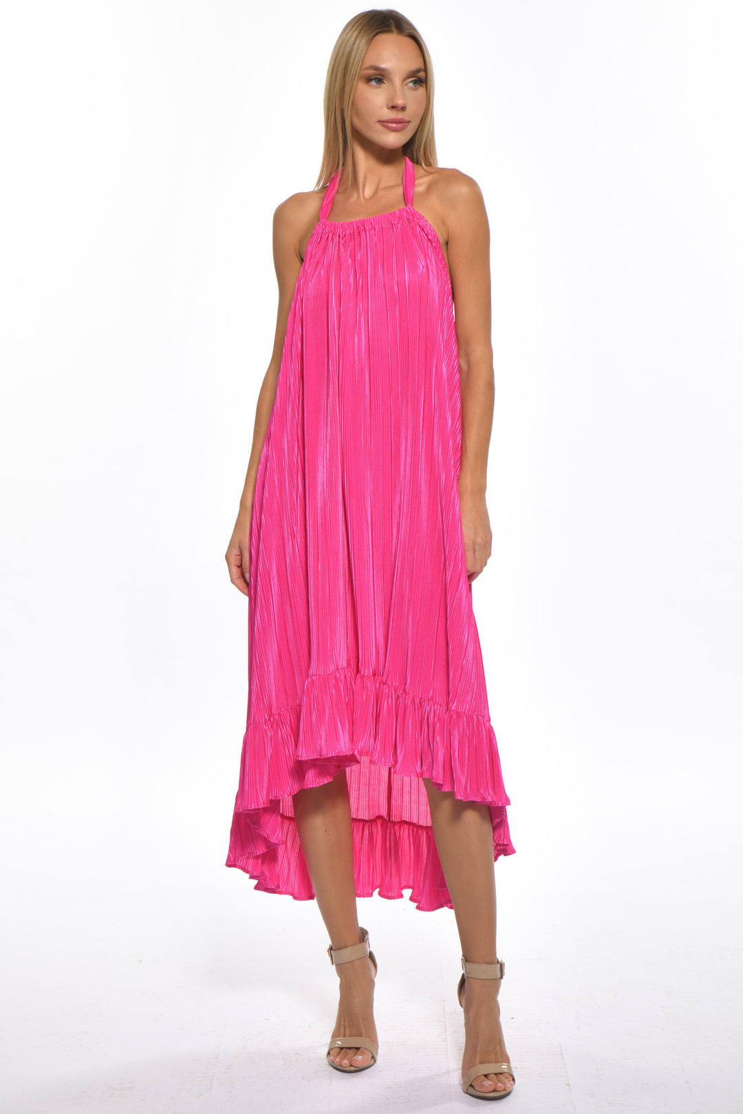 Hilma Halter Pleated Pink Resort Dress Pink Pliss / L Hilma Halter Pleated Pink Resort Dress Pink Pliss / L