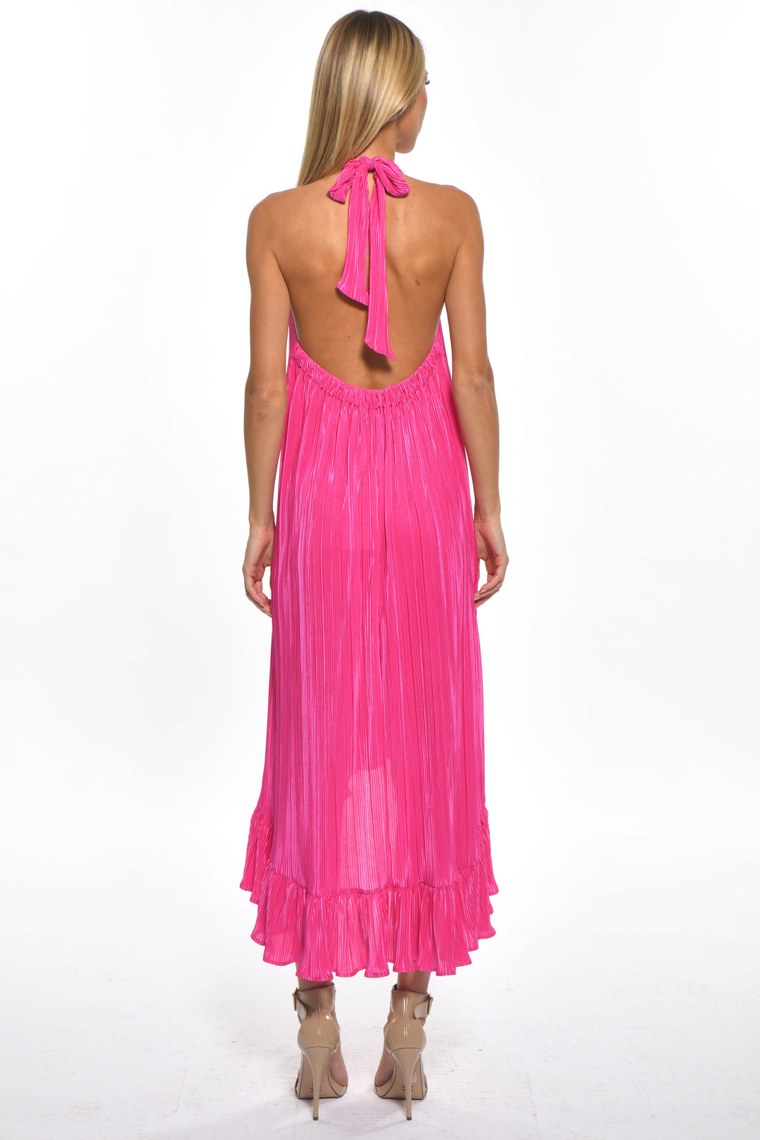 Hilma Halter Pleated Pink Resort Dress Pink Pliss / L Hilma Halter Pleated Pink Resort Dress Pink Pliss / L