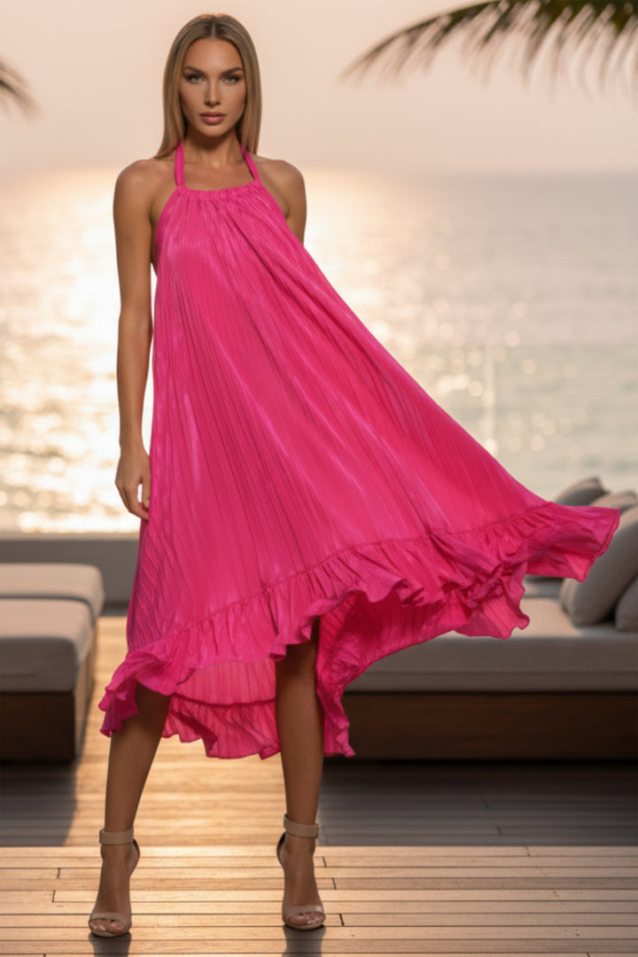 Hilma Halter Pleated Pink Resort Dress Pink Plissé / L