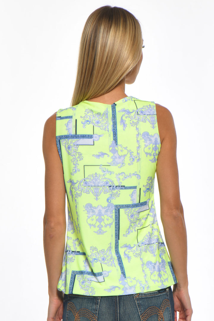 Close-up of Yuri Top fabric showing vibrant baroque-inspired print