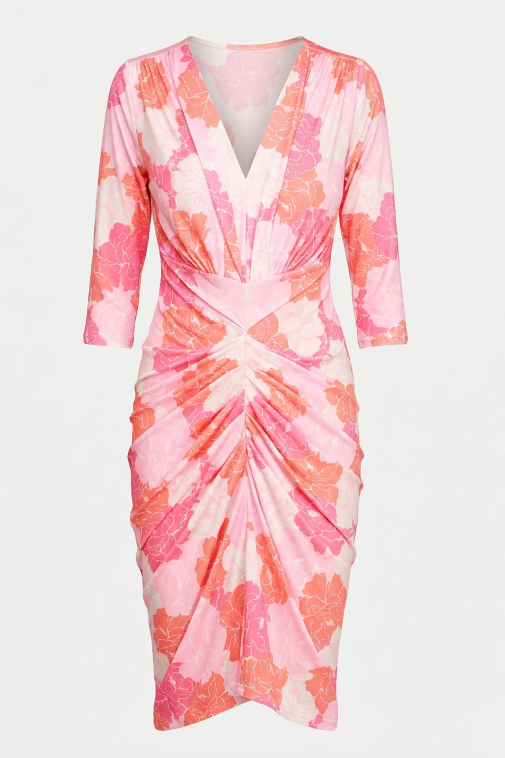 Front View Front of Valeri Dress with 3/4 sleeves and smooth fit.