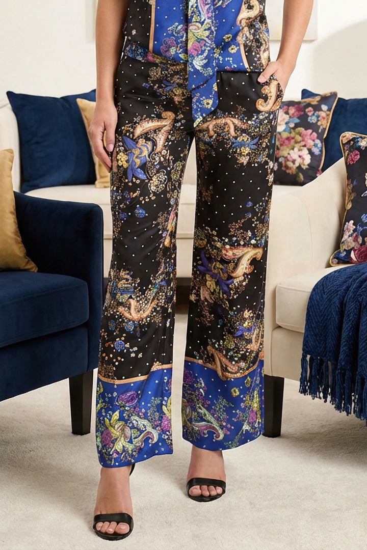 Sam Wide Leg Allegra Print Pant front view in bold satin print.