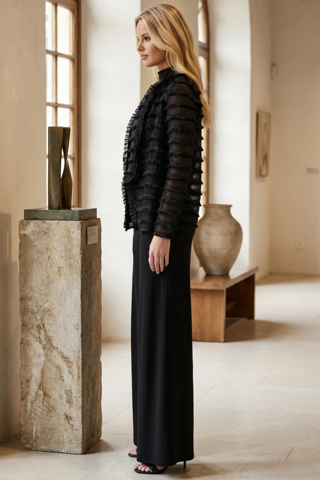 Fina Layered Sheer-Sleeve Evening Jacket